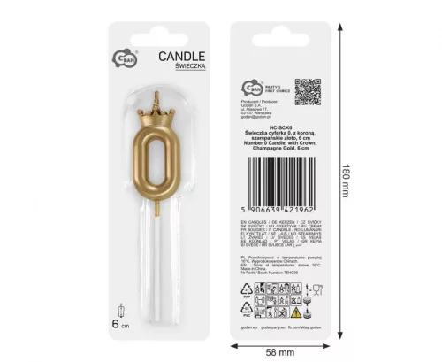 Arany Champagne Crown 0-ás számgyertya, tortagyertya 6 cm