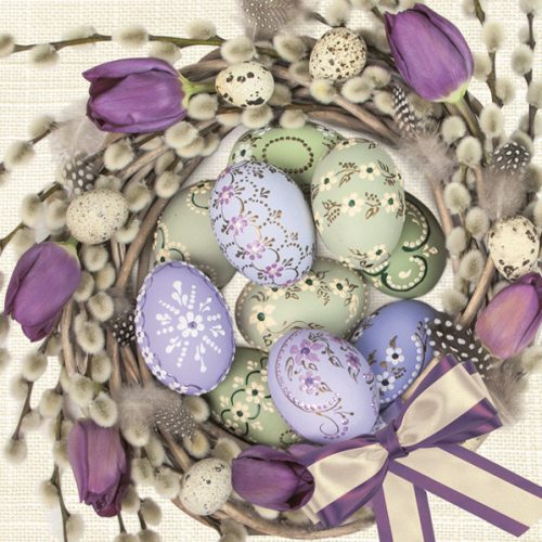 Húsvét Violet Tulips Wreath szalvéta 20 db-os 33x33 cm