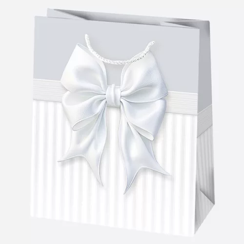 Fehér Bow papír ajándéktasak, ajándékzacskó 19x23x10,5 cm