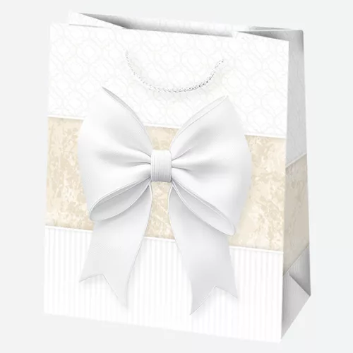 Fehér Bow papír ajándéktasak, ajándékzacskó 19x23x10,5 cm
