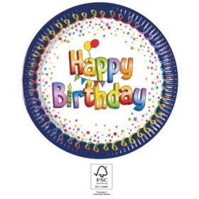 Happy Birthday Multicolor papírtányér 8 db-os 23 cm FSC
