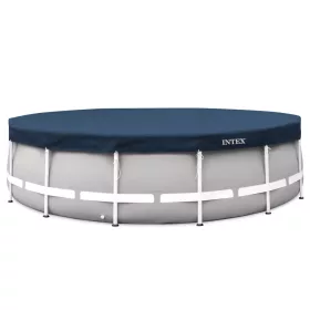   Kerek medencetakaró, Intex Deluxe négyévszakos, csővázas medencéhez, 457 cm átmérő, sötétkék, UV-álló háromrétegű anyag, 20 cm-es túlnyúlással, köteles rögzítéssel (28083)
