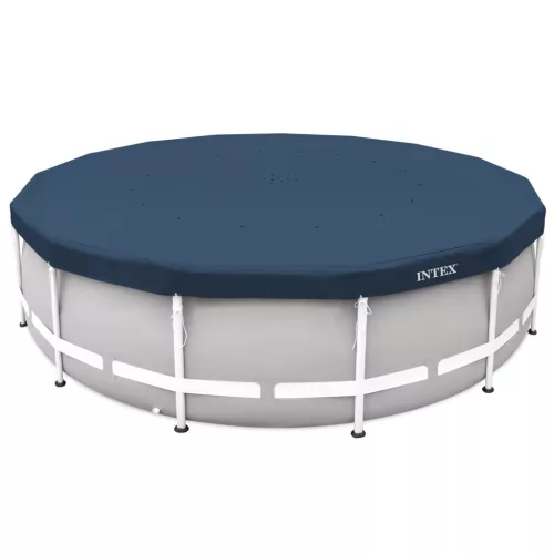 Kerek medencetakaró, Intex Deluxe négyévszakos, csővázas medencéhez, 457 cm átmérő, sötétkék, UV-álló háromrétegű anyag, 20 cm-es túlnyúlással, köteles rögzítéssel (28083)