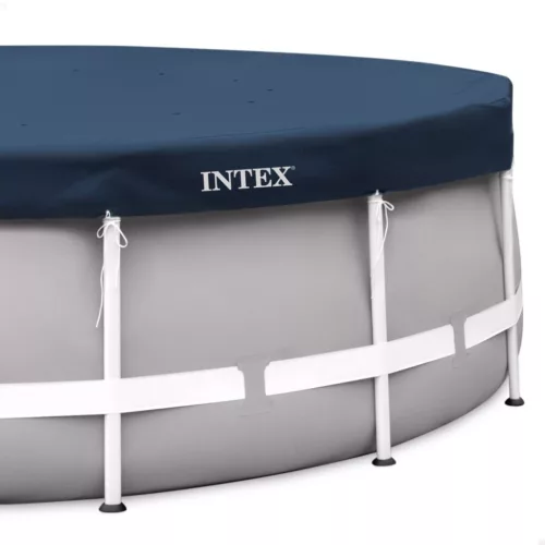 Kerek medencetakaró, Intex Deluxe négyévszakos, csővázas medencéhez, 457 cm átmérő, sötétkék, UV-álló háromrétegű anyag, 20 cm-es túlnyúlással, köteles rögzítéssel (28083)