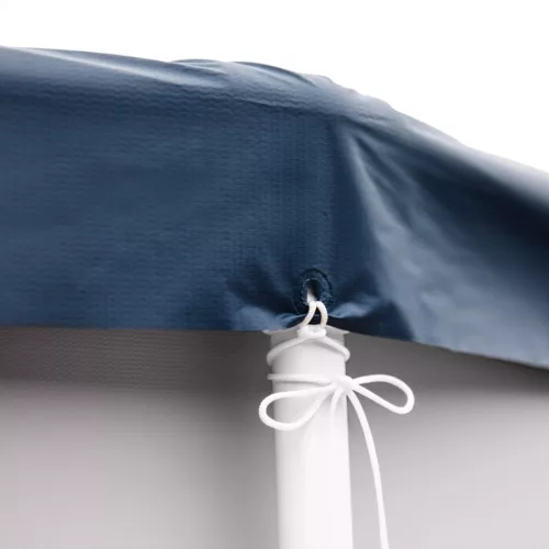 Kerek medencetakaró, Intex Deluxe négyévszakos, csővázas medencéhez, 457 cm átmérő, sötétkék, UV-álló háromrétegű anyag, 20 cm-es túlnyúlással, köteles rögzítéssel (28083)
