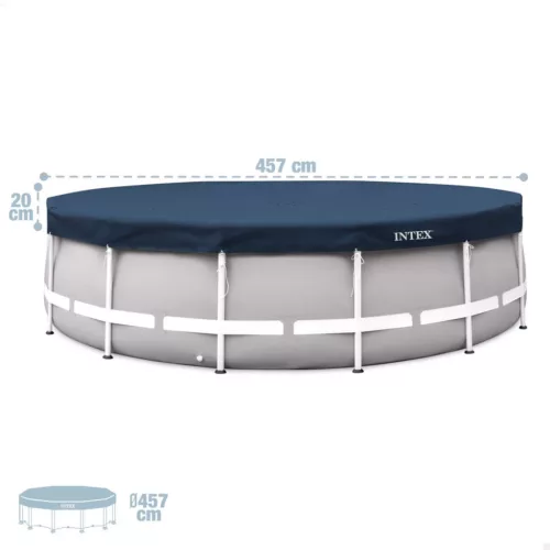 Kerek medencetakaró, Intex Deluxe négyévszakos, csővázas medencéhez, 457 cm átmérő, sötétkék, UV-álló háromrétegű anyag, 20 cm-es túlnyúlással, köteles rögzítéssel (28083)