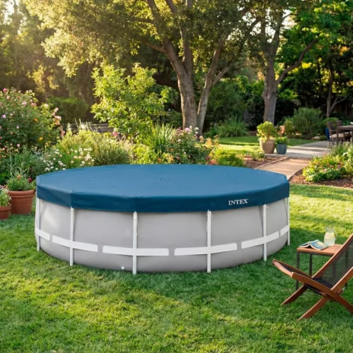 Kerek medencetakaró, Intex Deluxe négyévszakos, csővázas medencéhez, 457 cm átmérő, sötétkék, UV-álló háromrétegű anyag, 20 cm-es túlnyúlással, köteles rögzítéssel (28083)