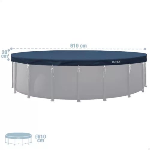 Kerek medencetakaró, Intex Deluxe négyévszakos, csővázas medencéhez, 610 cm átmérő, sötétkék, UV-álló háromrétegű anyag, 20 cm-es túlnyúlással, köteles rögzítéssel (28088)