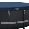 Kerek medencetakaró, Intex Deluxe négyévszakos, csővázas medencéhez, 610 cm átmérő, sötétkék, UV-álló háromrétegű anyag, 20 cm-es túlnyúlással, köteles rögzítéssel (28088)