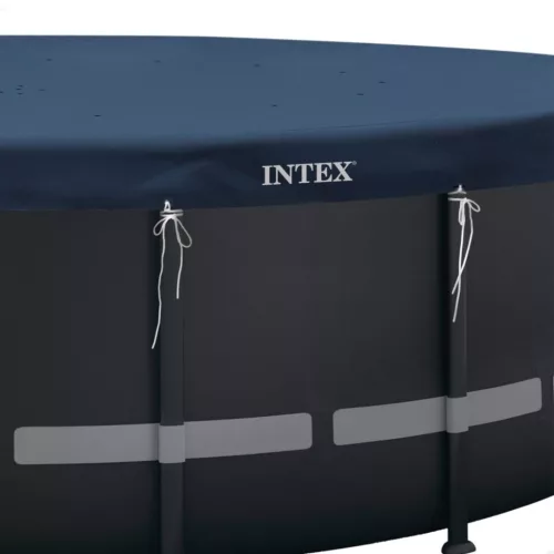 Kerek medencetakaró, Intex Deluxe négyévszakos, csővázas medencéhez, 610 cm átmérő, sötétkék, UV-álló háromrétegű anyag, 20 cm-es túlnyúlással, köteles rögzítéssel (28088)