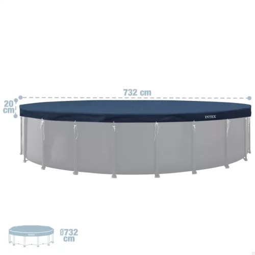 Kerek medencetakaró, Intex Deluxe négyévszakos, csővázas medencéhez, 732 cm átmérő, sötétkék, UV-álló háromrétegű anyag, 20 cm-es túlnyúlással, köteles rögzítéssel (28091)