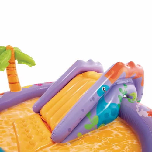 Felfújható vízi játék, Intex Dino Park, 201 × 157 × 69 cm, zöld, dinoszaurusz mintás, csúszdával, labdákkal, locsolótömlőre csatlakoztatható zuhannyal (56139)