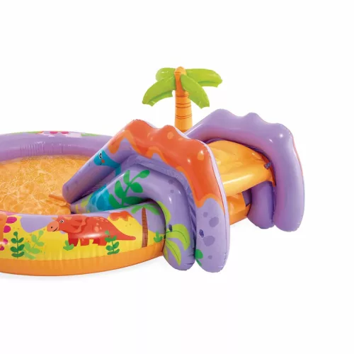Felfújható vízi játék, Intex Dino Park, 201 × 157 × 69 cm, zöld, dinoszaurusz mintás, csúszdával, labdákkal, locsolótömlőre csatlakoztatható zuhannyal (56139)