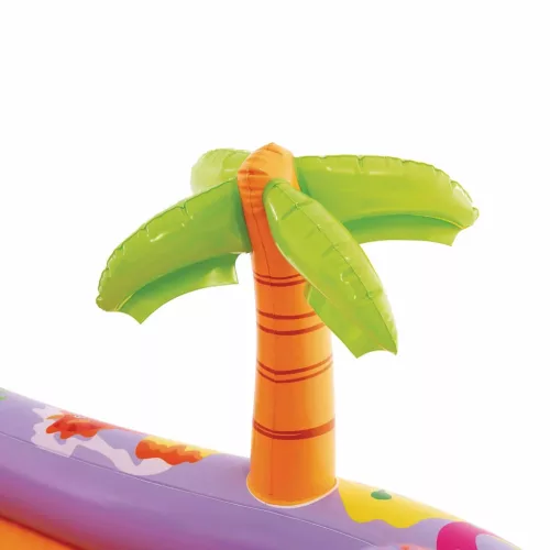 Felfújható vízi játék, Intex Dino Park, 201 × 157 × 69 cm, zöld, dinoszaurusz mintás, csúszdával, labdákkal, locsolótömlőre csatlakoztatható zuhannyal (56139)
