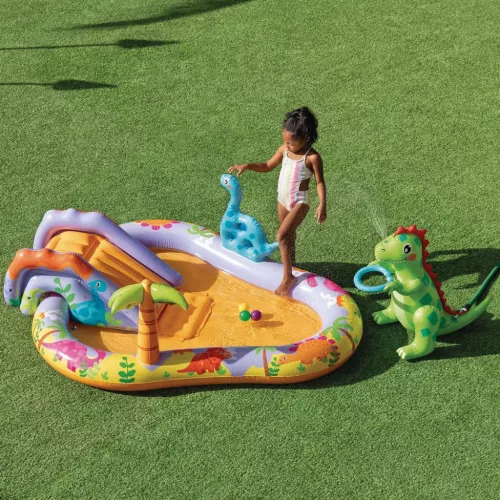 Felfújható vízi játék, Intex Dino Park, 201 × 157 × 69 cm, zöld, dinoszaurusz mintás, csúszdával, labdákkal, locsolótömlőre csatlakoztatható zuhannyal (56139)