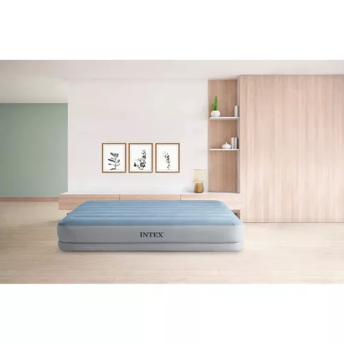 Felfújható vendégágy, Intex Queen Dura-Beam középmagas komfort matrac, 152 x 203 x 36 cm, világoskék, kétszemélyes, szálas belső szerkezettel, puha felülettel, beépített USB-s elektromos pumpával (64159)