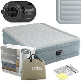   Felfújható vendégágy, Intex Queen Prémium Comfort, 203 x 152 x 46 cm, szarufa mintás, kétszemélyes, megerősített szálas belső szerkezet, beépített elektromos pumpával, fejtámlával, 272 kg teherbírással (64824)