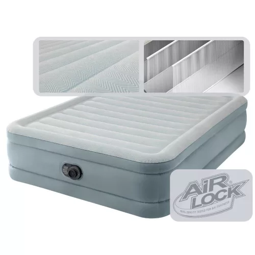 Felfújható vendégágy, Intex Queen Prémium Comfort, 203 x 152 x 46 cm, szarufa mintás, kétszemélyes, megerősített szálas belső szerkezet, beépített elektromos pumpával, fejtámlával, 272 kg teherbírással (64824)