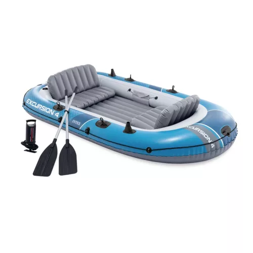 Felfújható csónak szett, Intex Excursion 4, 315 x 165 x 43 cm, kék, négyszemélyes, megerősített PVC, felfújható ülésekkel, pumpával és evezőkkel (66324)