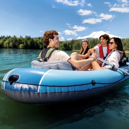 Felfújható csónak szett, Intex Excursion 4, 315 x 165 x 43 cm, kék, négyszemélyes, megerősített PVC, felfújható ülésekkel, pumpával és evezőkkel (66324)