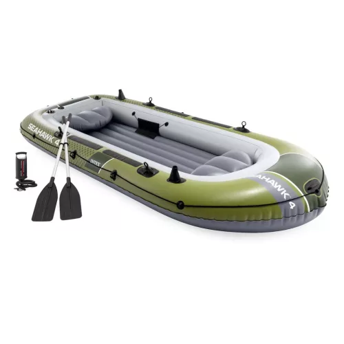 Felfújható csónak szett, Intex Seahawk 4, 351 x 145 x 48 cm, zöld, négyszemélyes, megerősített PVC, pumpával és evezőkkel (66334)
