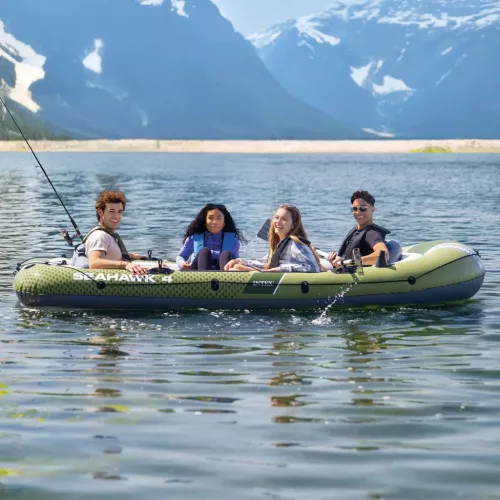 Felfújható csónak szett, Intex Seahawk 4, 351 x 145 x 48 cm, zöld, négyszemélyes, megerősített PVC, pumpával és evezőkkel (66334)