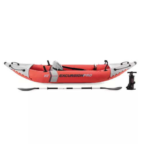 Felfújható kajak, Intex Excursion Pro K1, 305 x 91 x 46 cm, piros/szürke, egyszemélyes, megerősített PVC, felfújható üléssel, pumpával és evezőkkel (68303)