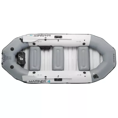 Felfújható tengeri gumicsónak szett, Intex Mariner 4, 328 x 145 x 48 cm, szürke, négyszemélyes, megerősített háromrétegű PVC, merev műanyag padlóval, felfújható ülésekkel, horgászbot-tartókkal, pumpával és evezőkkel (68376)