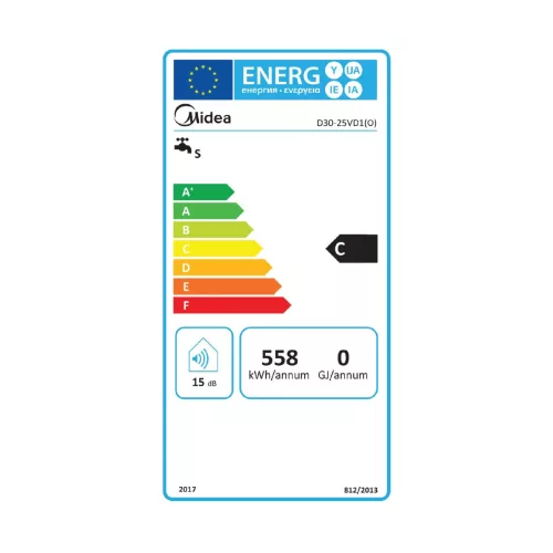 MIDEA D30-25VD1(O) elektromos vízmelegítő, bojler, 2500 W, 30 liter, konyhapult fölé szerelhető, IPX4, zománcozott, 30-75 °C, 0,75 MPa