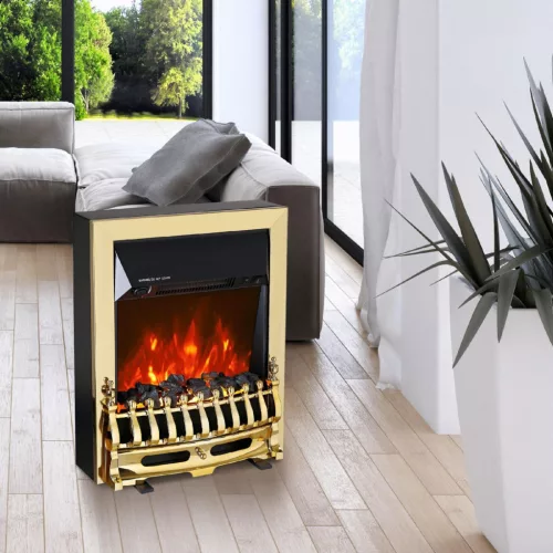 HOME FKK25G szabadon álló elektromos látványkandalló, max. 2000 W, LED lángeffekt, 2 fokozat, mechanikus vezérlés, arany díszítés