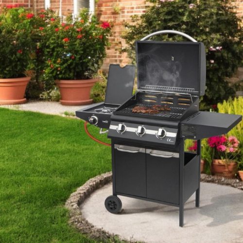 Home GRG01 gázgrill, 3 főégővel, 1 oldalégővel, 3,2 kW teljesítmény égőnként, nyomásszabályozó készlettel