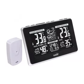   Home HCW 25 időjárás-állomás külső jeladóval, negatív, fehér LCD kijelző, beltéri hőmérséklet és páratartalom, digitális óra, naptár