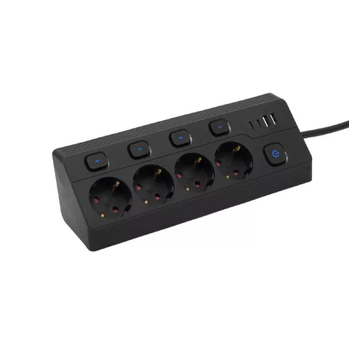 HOME KNVK04KUSBC 4-es elosztó, aljzatonként kapcsolható, max. 3680 W, 2 méter, fekete, 2xUSB-C, 2xUSB-A