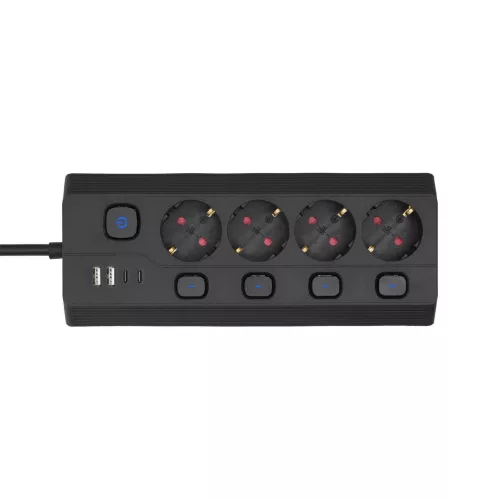 HOME KNVK04KUSBC 4-es elosztó, aljzatonként kapcsolható, max. 3680 W, 2 méter, fekete, 2xUSB-C, 2xUSB-A