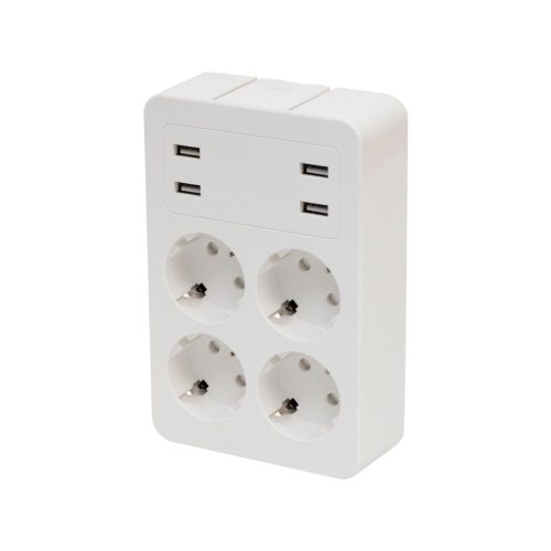 Home NV41USB tálcás USB-s elosztó, 4 földelt aljzat, 4 USB aljzat össz. 1,9A, elforgatható csatlakozódugó, max.3680W,