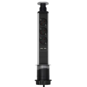   Home NVE 3/USB süllyesztett elosztó USB töltőaljzatokkal, 1,4 m, 3 földelt aljzat gyermekvédelemmel, asztalba, munkalapba építhető, süllyeszthető, max. 3680 W