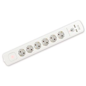   Home NVT 06K USB/WH túlfeszültség védett hálózati elosztó, 1,4 m, kapcsolós, H05VV-F 3G1,5 mm2 kábel, 6 aljzat, max. 3680W, falra akasztható, USB töltőaljzatok