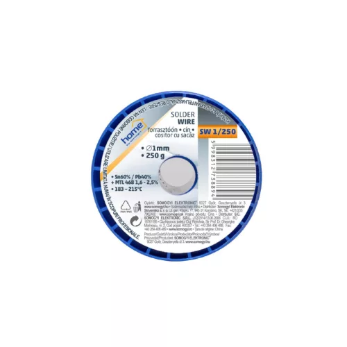 Home SW 1/250 forrasztóón, 1mm, 250g, európai gyártótól származó kiváló minőségű forrasztóón, összetétel: SN/PB: 60/40%, gyanta: 2,0%