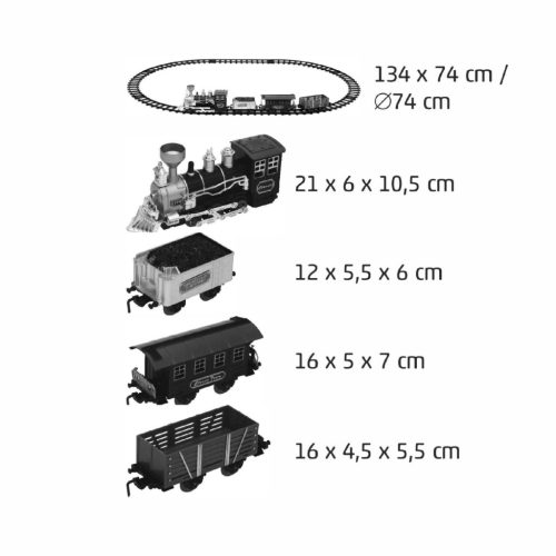 HOME TRN 01 elemes kisvasút, 1 mozdony és 3 vagon, vízgőzt képez, piros LED világítás, hanghatás, 47 cm-es pálya