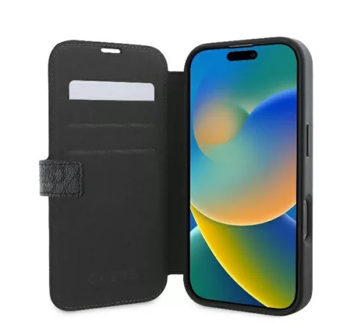 Guess 4G Metal Logo iPhone 16 Pro flip/oldalra nyíló tok, fekete GUBKP16L4GMGGR
