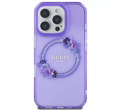 Guess IML Flowers Wreath iPhone 16 Pro MagSafe kemény hátlap tok, lila GUHMP16LHFWFCU