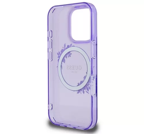 Guess IML Flowers Wreath iPhone 16 Pro MagSafe kemény hátlap tok, lila GUHMP16LHFWFCU