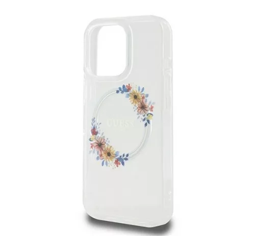 Guess IML Flowers Wreath iPhone 16 Pro MagSafe kemény hátlap tok, átlátszó GUHMP16LHFWFCT