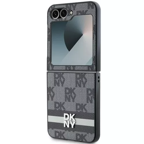 DKNY PU Leather Checkered Pattern and Stripe Samsung Galaxy Z Flip 6 / Flip 7 FE hátlap tok, fekete