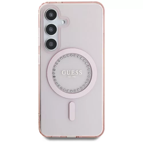 Guess Rhinestones Printed Classic Logo MagSafe Samsung Galaxy S25 kemény hátlap tok, rózsaszín