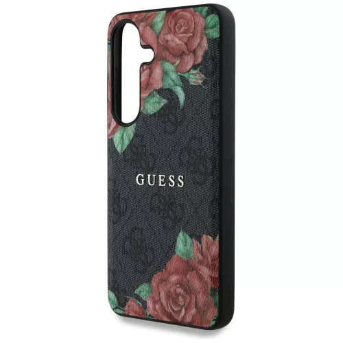 Guess Leather 4G Flowers Print Metal Classic Logo MagSafe Samsung Galaxy S25 kemény hátlap tok, fekete