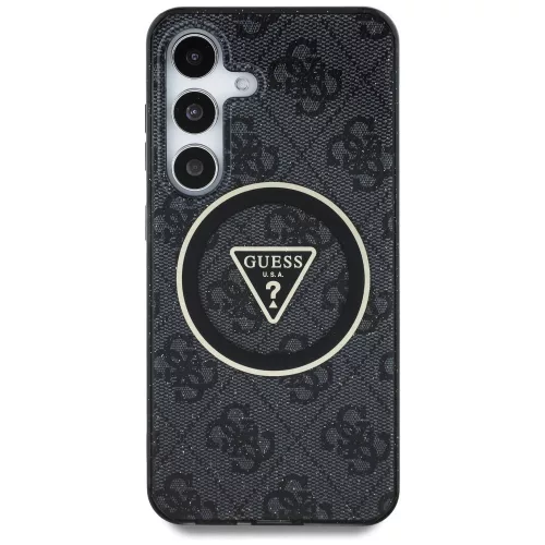 Guess 4G Glitter Triangle Buttons Samsung Galaxy S25 MagSafe kemény hátlap tok, fekete