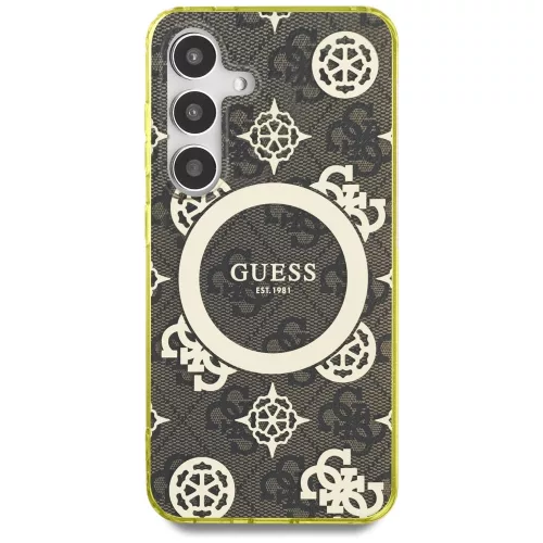 Guess 4G Background Gold Electroplated Peony Pattern Samsung Galaxy S25 MagSafe kemény hátlap tok, barna