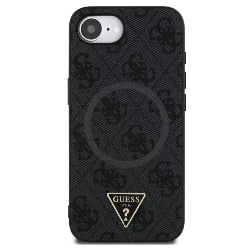 Guess PU 4G Strass Triangle Metal Logo Apple iPhone 17e / iPhone 16e MagSafe hátlap tok, fekete