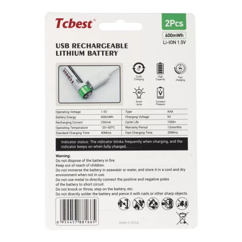 TCBEST újratölthető R3 (AAA) elem 180 mAh, USB-C csatlakozóval és töltőkábellel (2db)